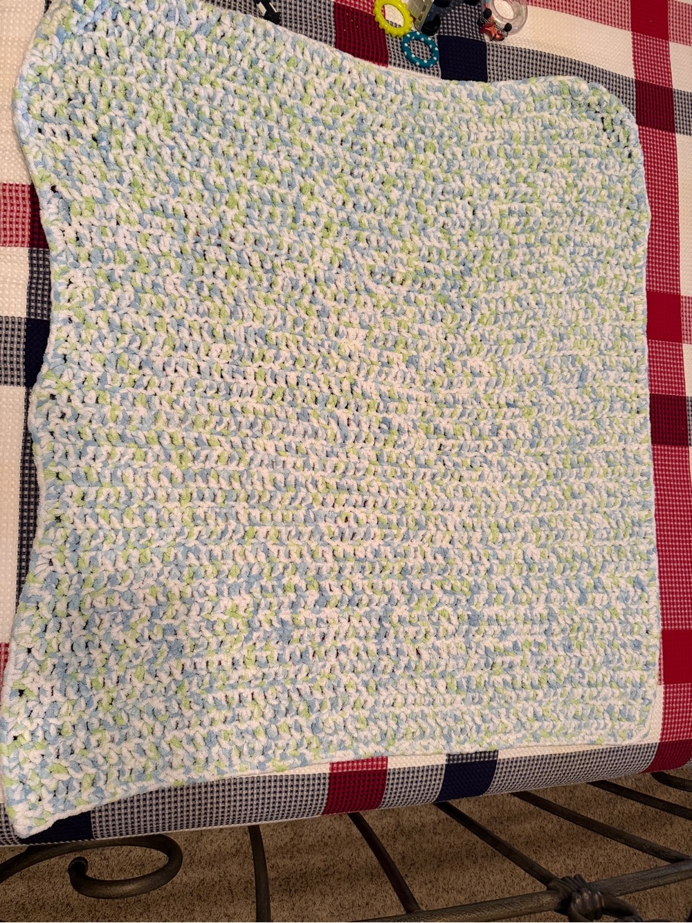 Soft Hand-Crocheted Baby Blanket in Pale Blue, White & Green - Picture 1 of 1